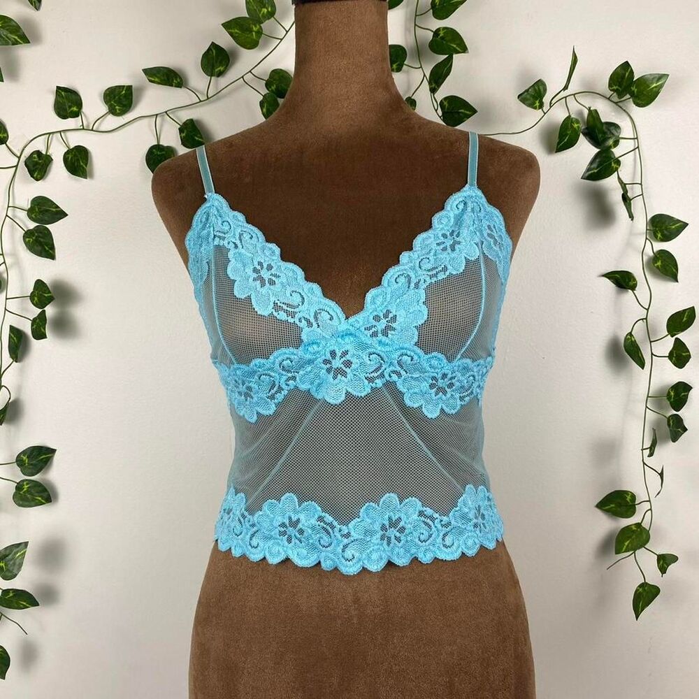 Teal Blue lace fairy sheer mesh cami top floral embroidered